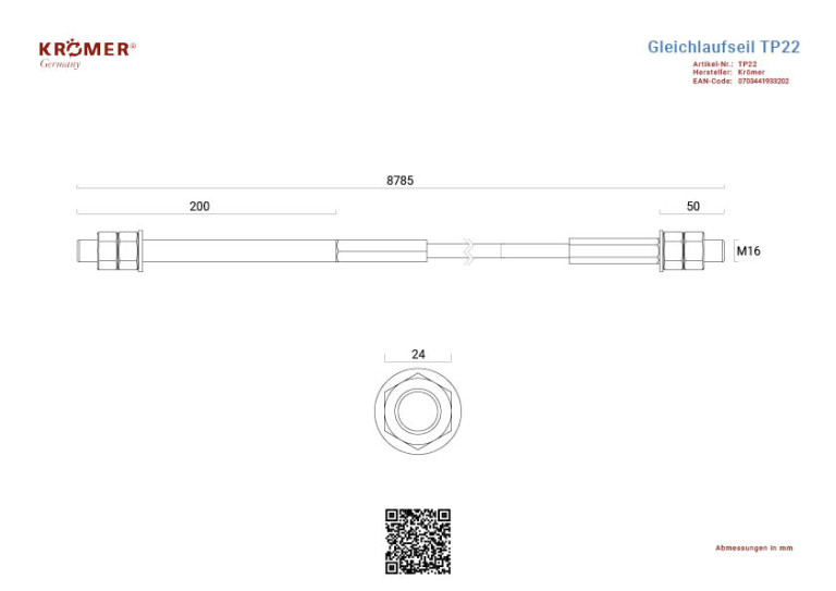Technische Zeichnung eines Gleichlaufseils mit einer Gesamtlänge von 8785mm.