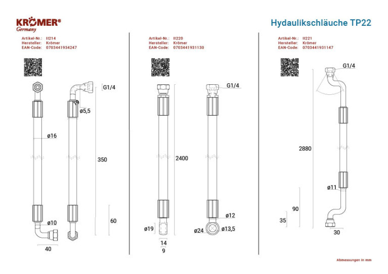 Set, mit drei Hydraulikschläuchen, für die 2-Säulenhebebühne TP22.