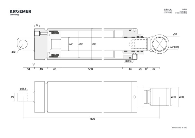Technische Zeichnung eines HYdraulikzylinders für die XX50er Reihe 
