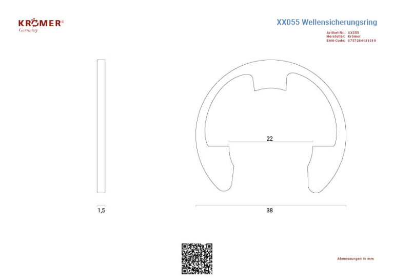 Technische Zeichnung eines Wellensicherungsringes mit einem Innendurchmesser von ca 22 mm.