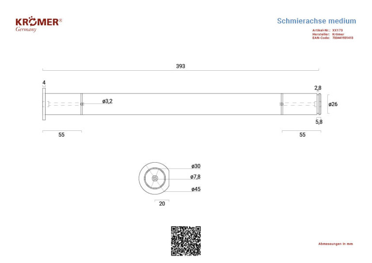 Technische Zeichnung einer Schmierachse für Doppelscherenhebebühnen. Ihre vollständige Länge beträgt 393mm.