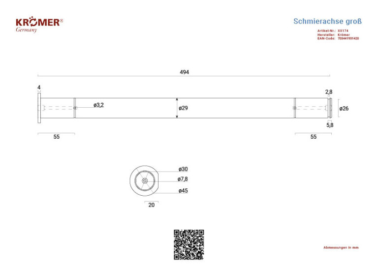 Technische Zeichnung einer Schmierachse, für Doppelscherenhebebühnen, mit einer Gesamtlänge von 494mm.