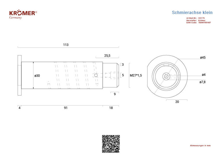 Technische Zeichnung einer Schmierachse, für Doppelscherenhebebühnen, mit einer Gesamtlänge von 113mm