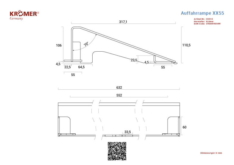 Technische Zeichnung einer Auffahrrampe für Doppelscherenhebebühnen mit einer Gesamtlänge 339,6mm.