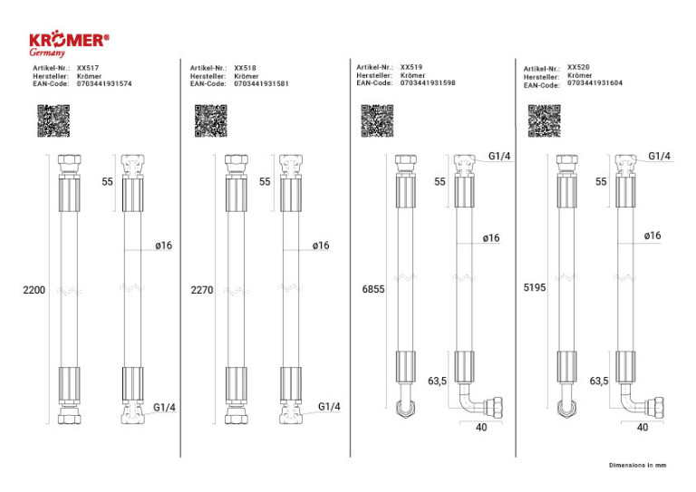 Technische Zeichnungen der Schläuche eines Sets für die XX75

