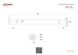 Technische Zeichnung einer Schmierachse für Doppelscherenhebebühnen. Ihre vollständige Länge beträgt 393mm.