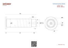 Technische Zeichnung einer Schmierachse, für Doppelscherenhebebühnen, mit einer Gesamtlänge von 113mm