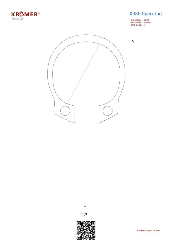 technische Zeichnung eines Sperrrings mit einem Innendurchmesser von 9 mm.